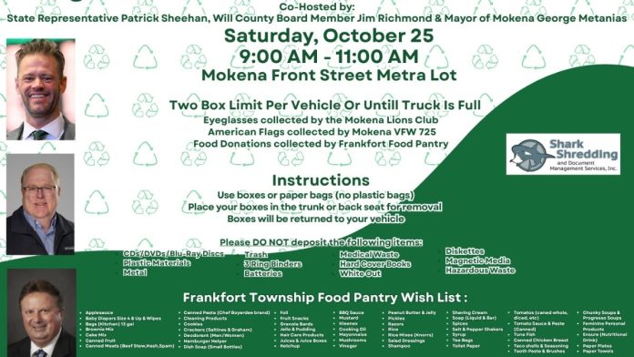 Rep. Sheehan Hosts Free Shred Event and Food Drive in Mokena This Saturday