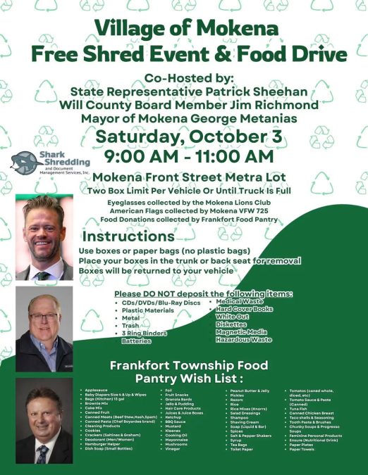 Sheehan to Host Mokena Shred Event and Food Drive on October 3